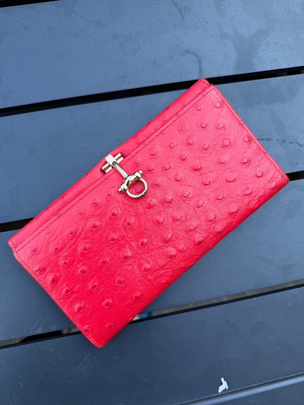 Red Ostrich-Texture Leather Clutch Wallet with Gold Hardware